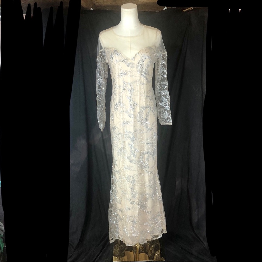 NWOT Champagne Silver Sparkle Long Sleeve Evening Gown Prom Wedding Medium Large